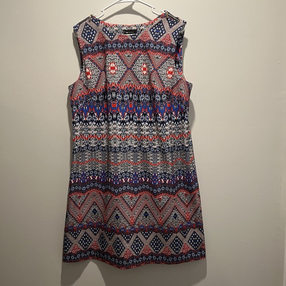 AB Studio Sleeveless Dress‎ Size 16 Zipper Accent Blue And Red Pattern